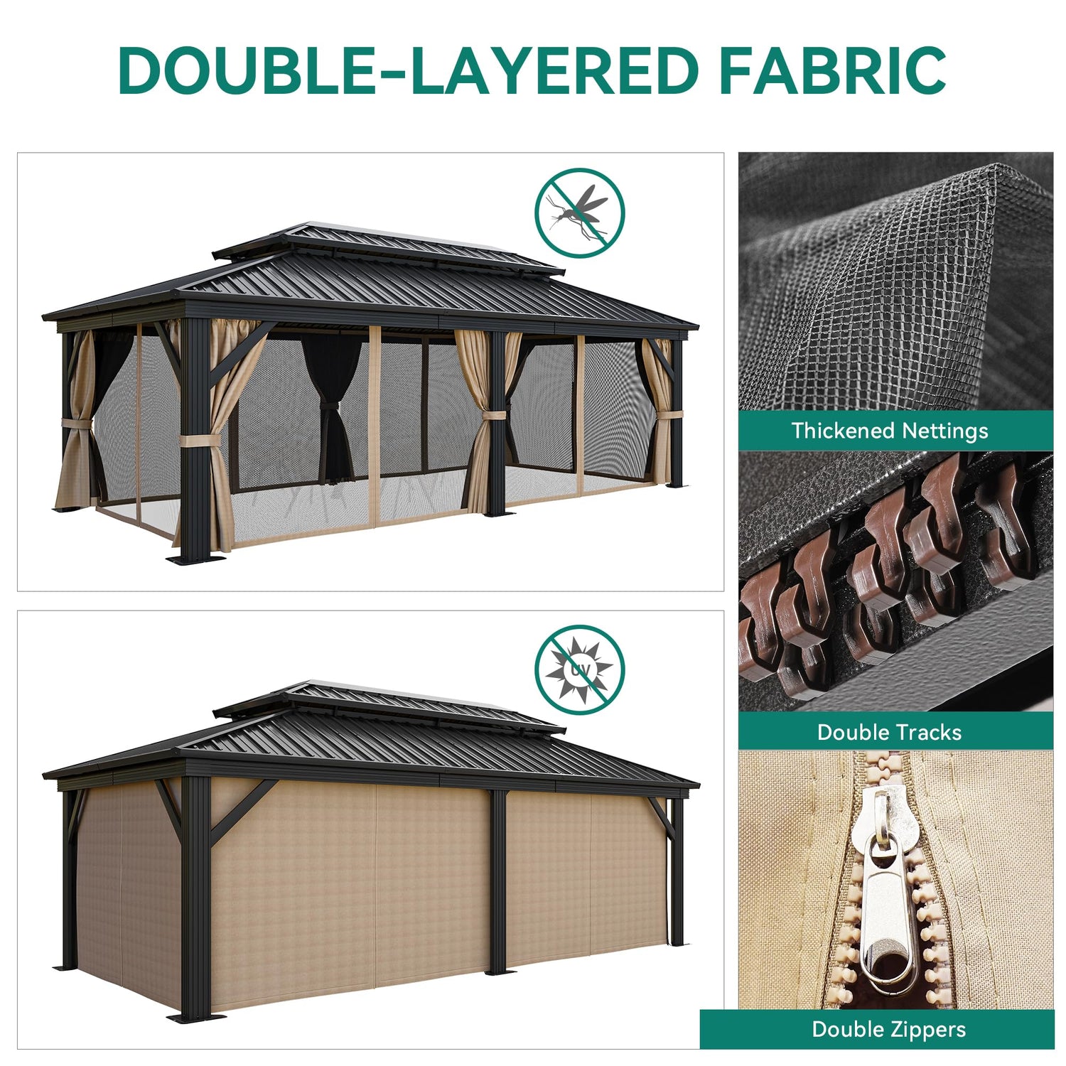 DWVO 12x20ft Hardtop Gazebo Double Roof with Nettings and Curtains, Heavy Duty Galvanized Steel Outdoor Vertical Stripes Roof for Patio, Backyard, DWVO