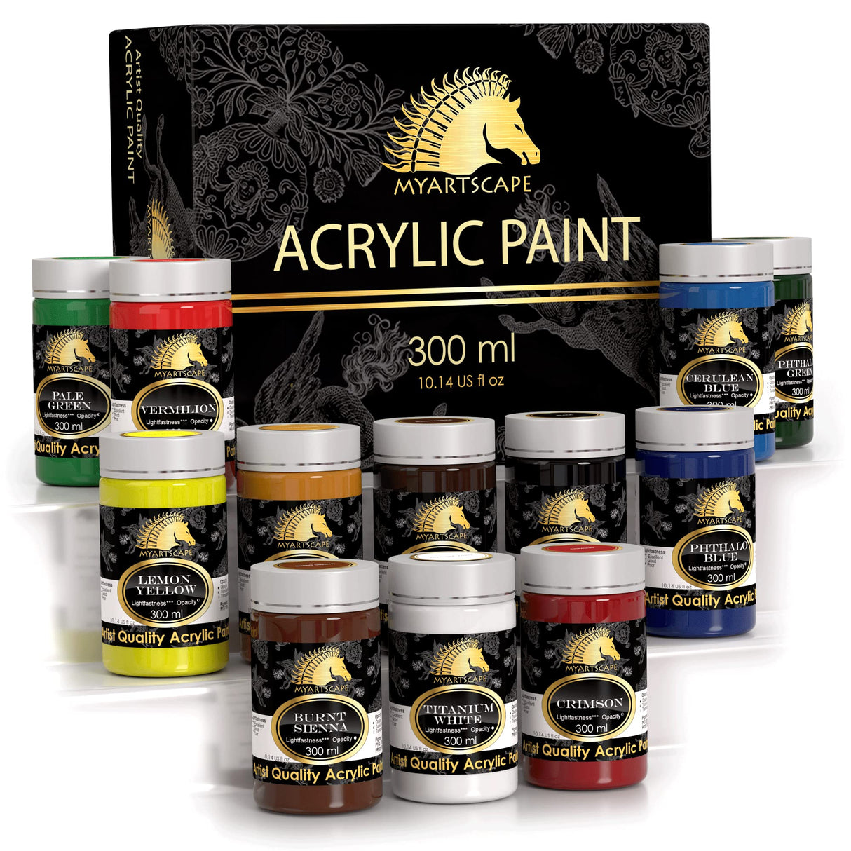 MyArtscape Acrylic Paint Set - 12 x 300ml Bottles with Pocket Paint Brush Set - 7 Artists' Paintbrushes (Set 1) MyArtscape