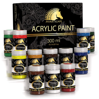 MyArtscape Acrylic Paint Set - 12 x 300ml Bottles with Pocket Paint Brush Set - 7 Artists' Paintbrushes (Set 1) - WoodArtSupply