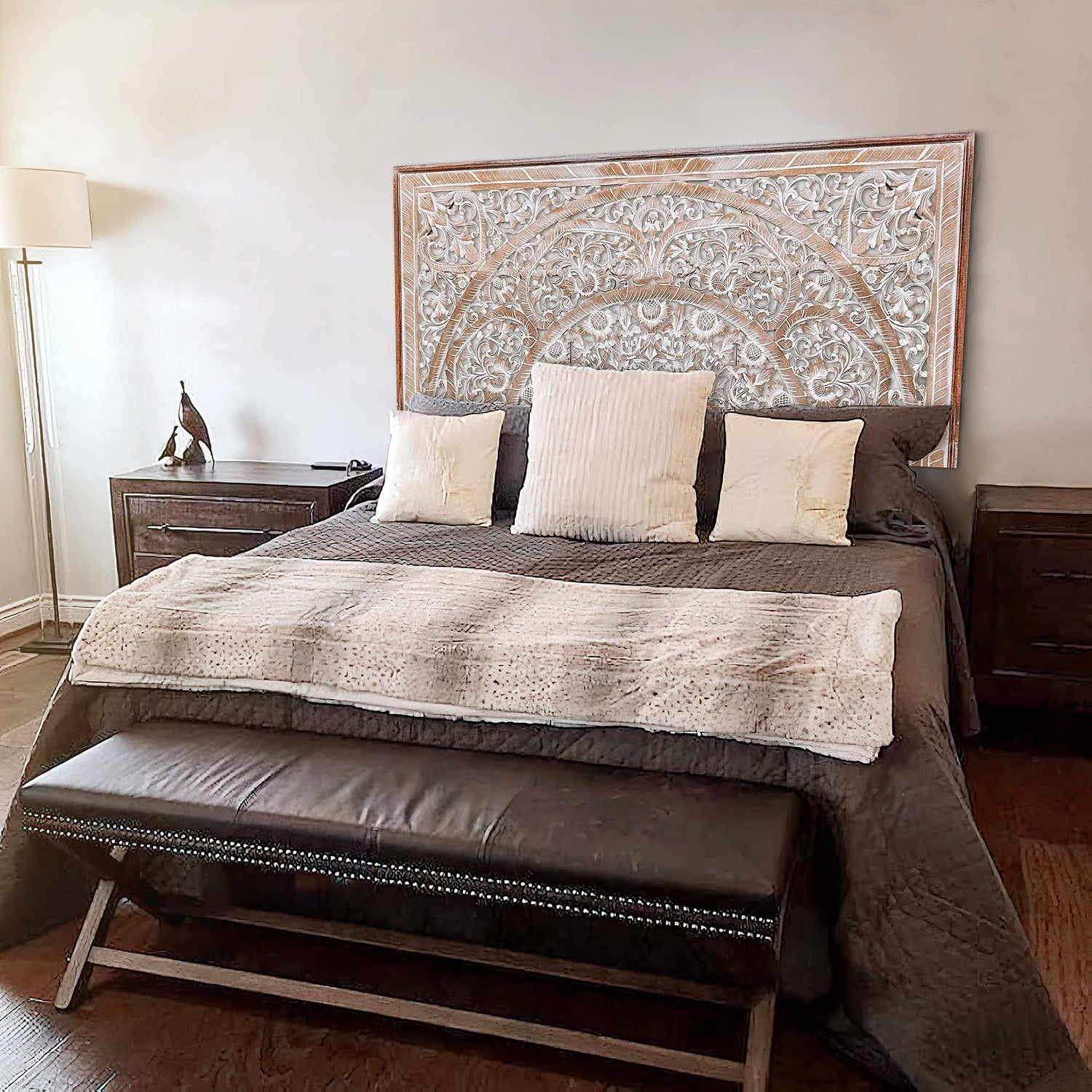 King Wood Headboard White Wash | Carved Full Headboard Only | Wooden Headboard Full Size Bed | Wall Mount Headboard King | Full Bed Headboard Panels KultureDeco