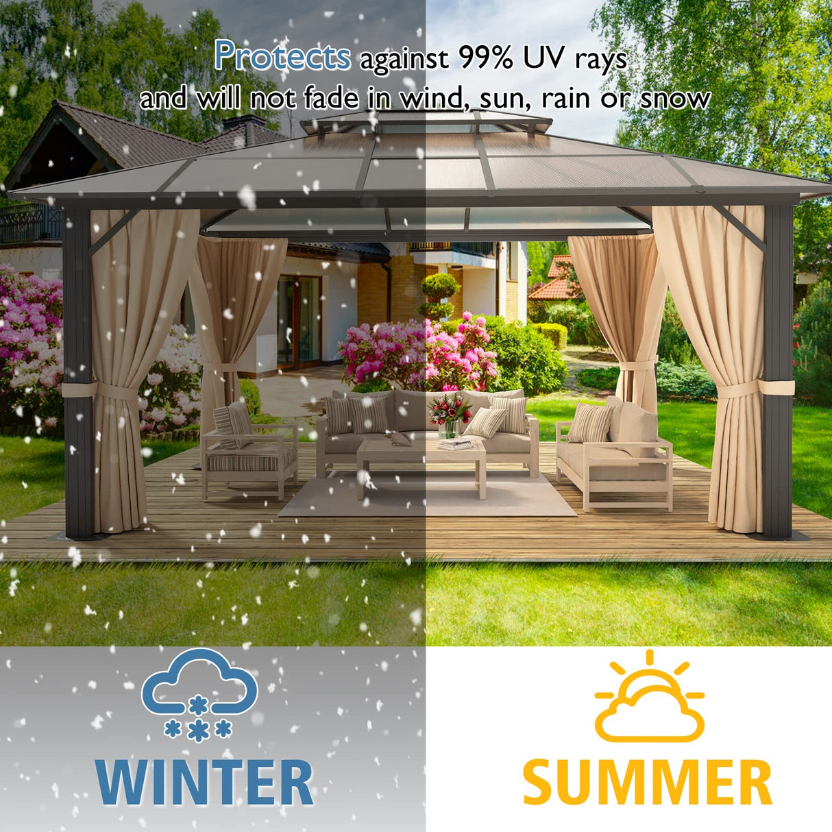 Aoxun 10'x13' Hardtop Gazebo, Aluminum Frame Permanent Pavilion with Curtains and Netting, Outdoor Polycarbonate Gazebo, Double Roof Canopy, for Aoxun