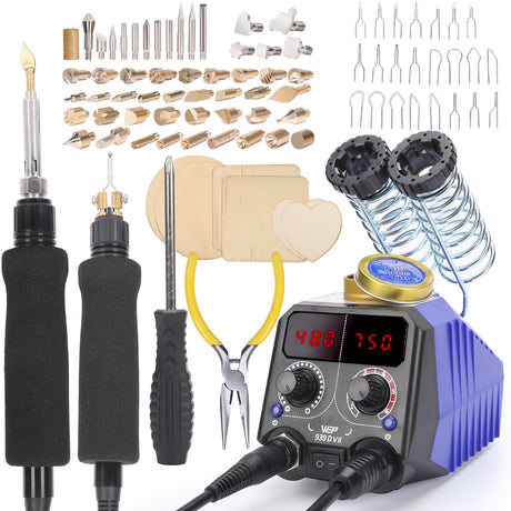 WEP 939D-VII 2-IN-1 Wood Burning Kit 84-IN-1 with 51 Solid Points and 23 Wire Nibs Wood Burner with 2 Letter Number Stencils, 6 Unfinished Wood, 1 WEP