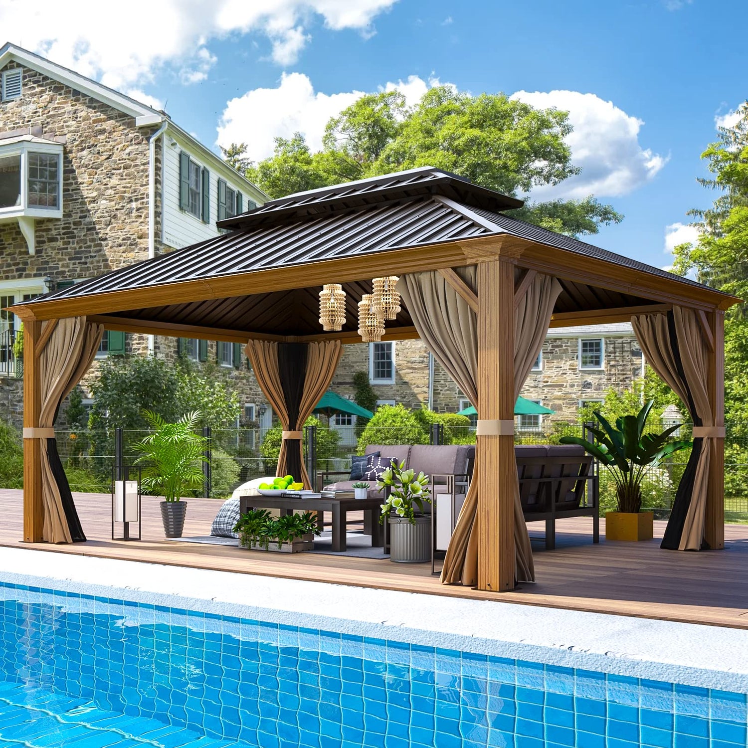 EROMMY 12'x16' Hardtop Gazebo, Wooden Finish Coated Aluminum Frame Gazebo with Galvanized Steel Roof, Outdoor Metal Gazebos with Curtains and EROMMY