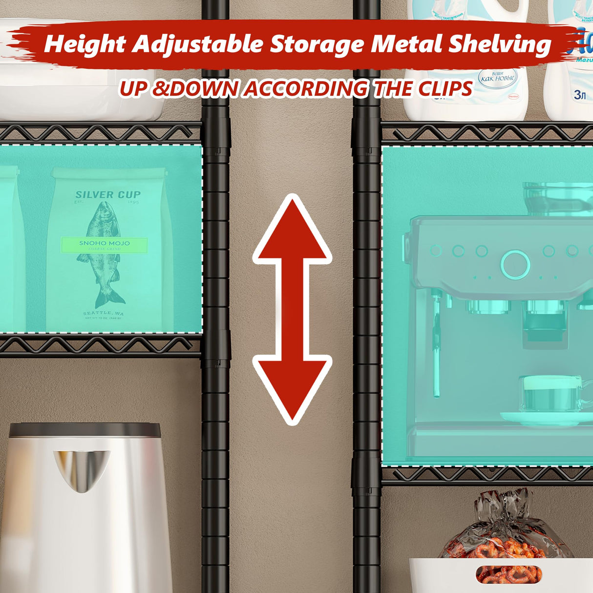 REIBII 76''H Wire Shelving Loads 2100LBS,5 Tier Metal Shelving with Adjustable Storage Shelves 36''W Garage Shelving Heavy Duty with Wheels Metal REIBII