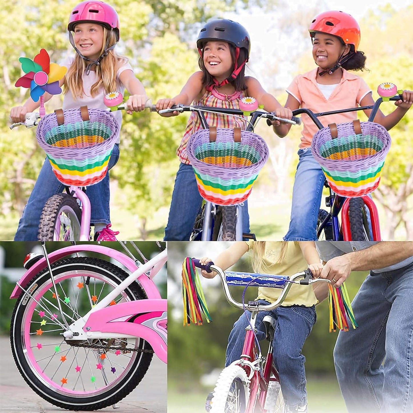 Bicycle Basket for Girls, Adjustable Front Handlebar Bike Basket with Bike Streamers Set Bell/Bicycle Windmill/Bicycle Wheel Beads DIY Bike - WoodArtSupply