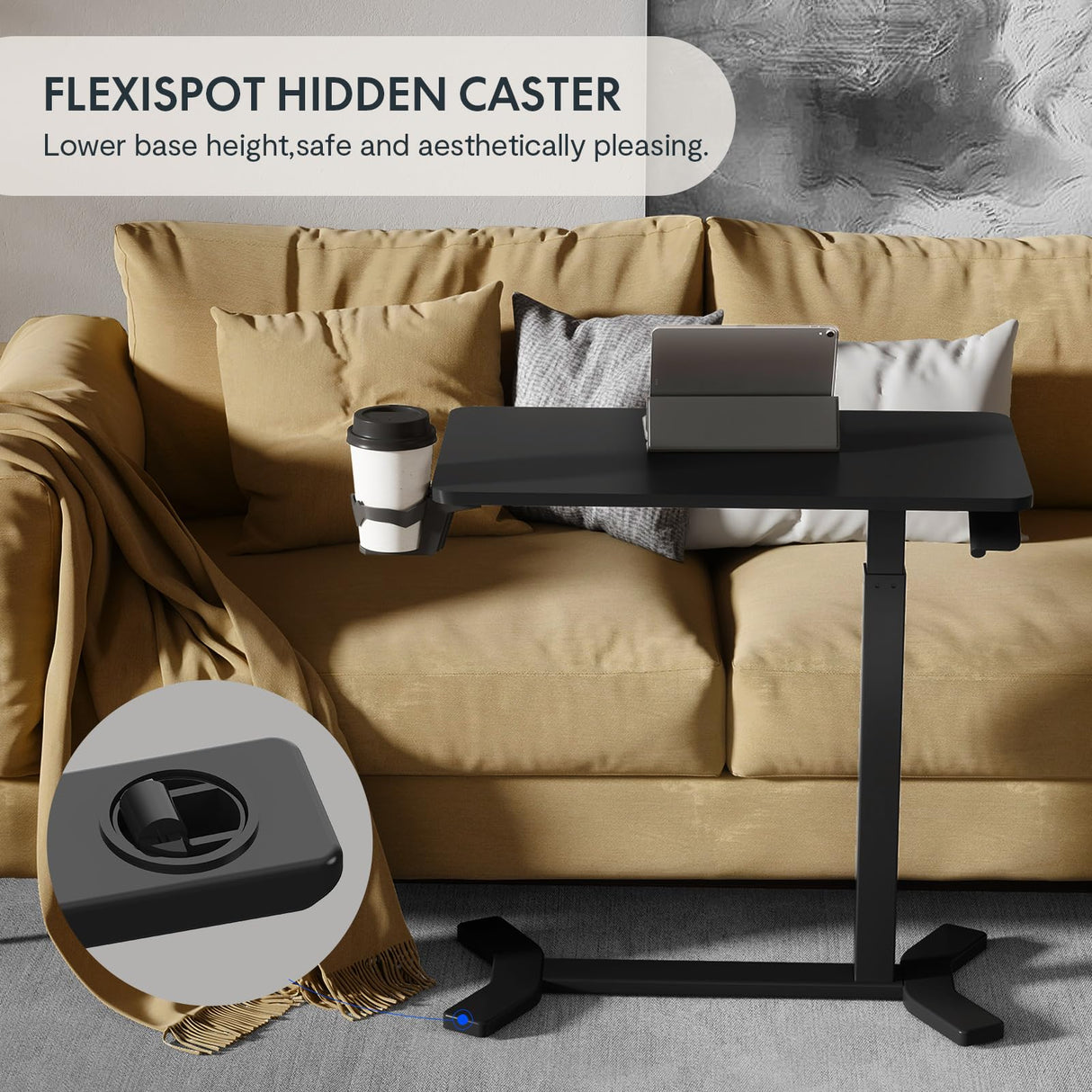 FLEXISPOT Medical Adjustable Overbed Bedside Table with Wheels Pneumatic Mobile Standing Desk Laptop Desk Rolling Computer Cart Movable Overbed Table FLEXISPOT