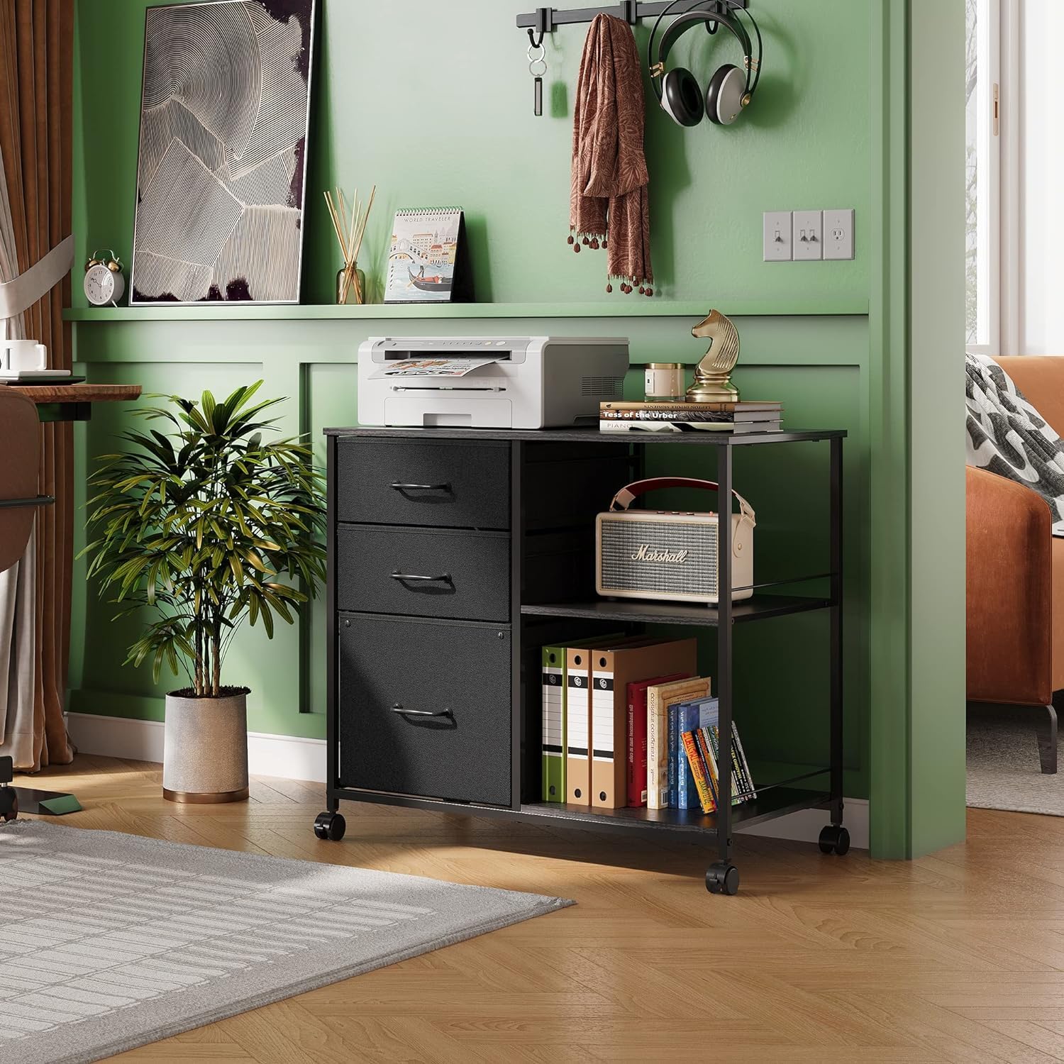 DEVAISE 3 Drawer Mobile File Cabinet, Rolling Printer Stand with Open Storage Shelf, Fabric Lateral Filing Cabinet fits A4 or Letter Size for Home DEVAISE