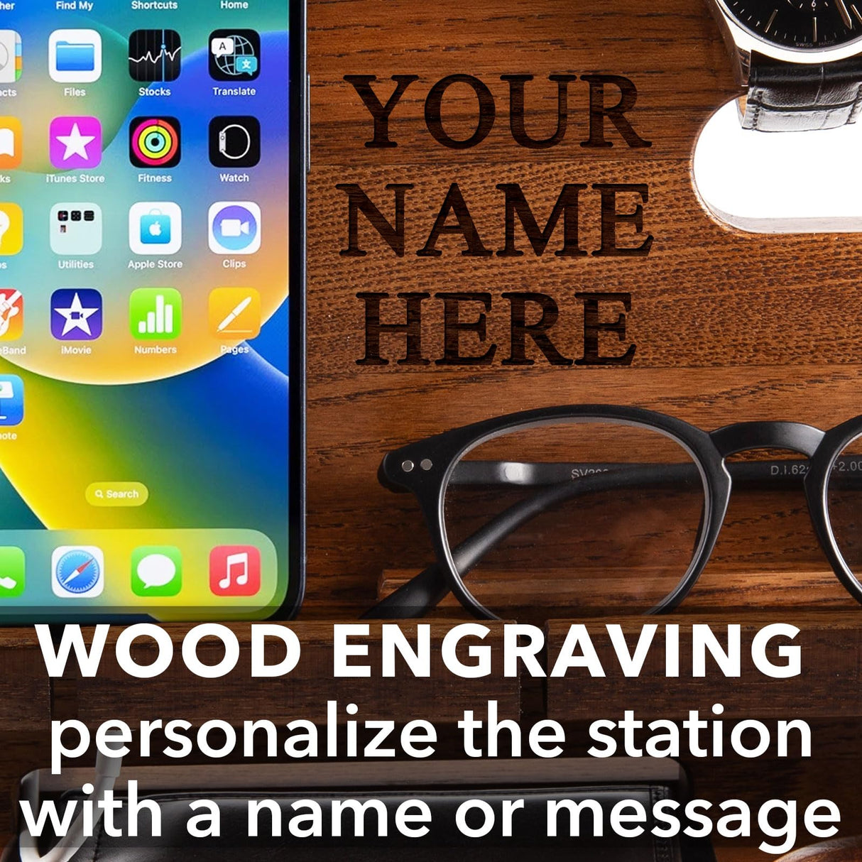 GRETAOTO Personalized Wood Docking Station for Cell Phone, Tablet, Wallet, Watch, Keys, Desk Nightstand Organizer, Valentines Day, Gifts for Men GRETAOTO