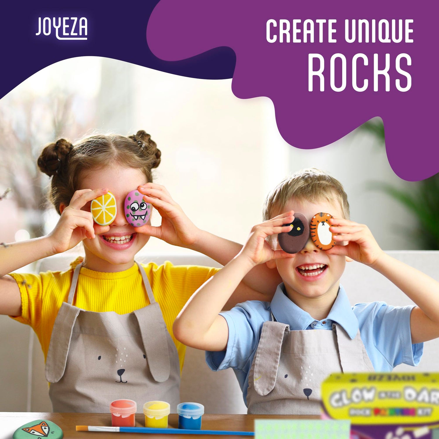 JOYEZA Rock Painting Kit Glow in The Dark, Arts and Crafts for Girls and Boys Age 6+, 12 Painting Rocks for Kids, Waterproof Paints, Kids Activities JOYEZA