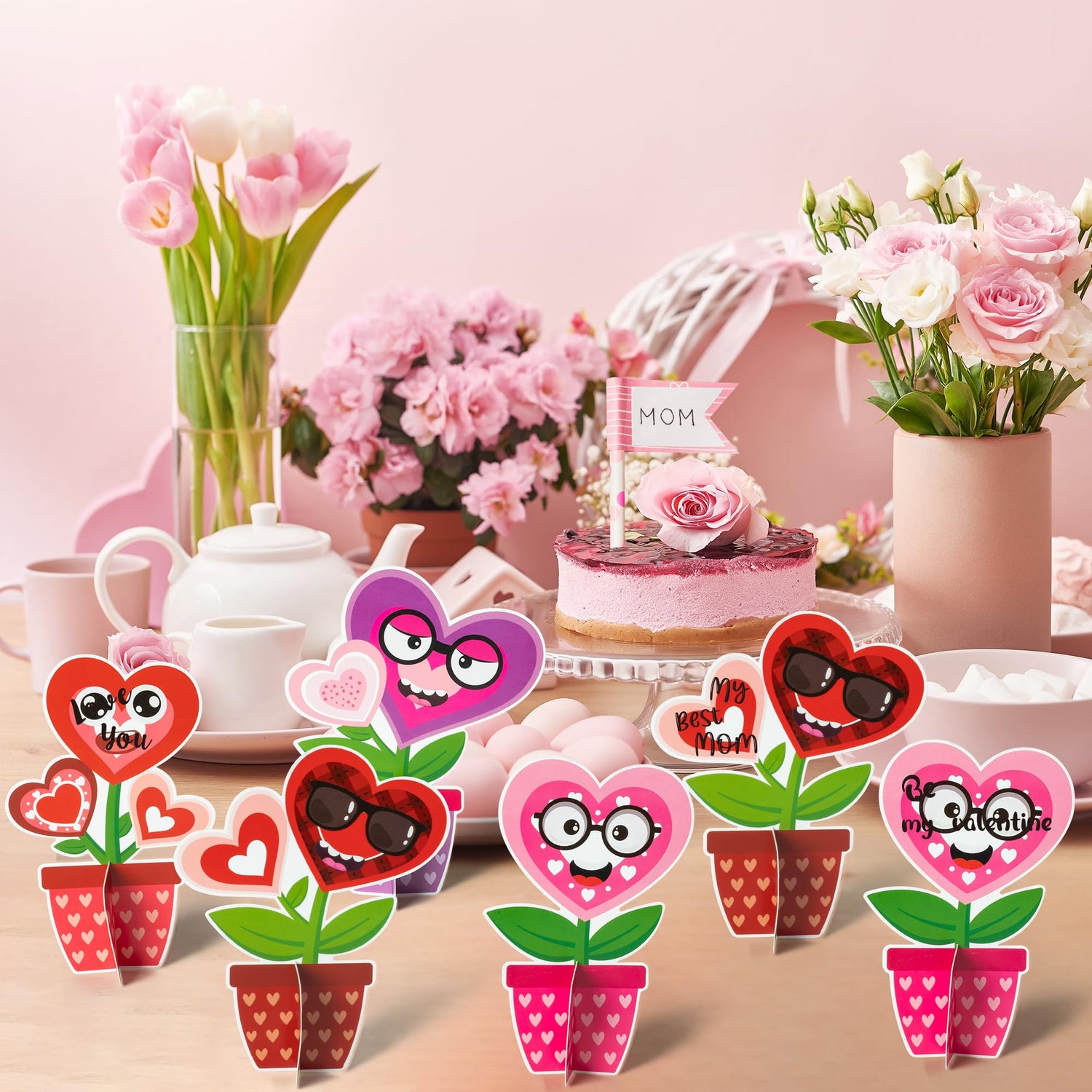 WATINC 32PCS Valentine’s Day Flower Craft Kit, Make Your Valentines Heart Flowers Pot Gift Craft Decorations, DIY Valentine Art Craft Set Home School WATINC