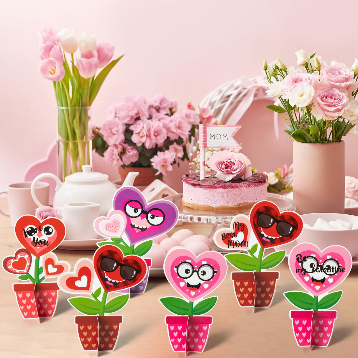 WATINC 32PCS Valentine’s Day Flower Craft Kit, Make Your Valentines Heart Flowers Pot Gift Craft Decorations, DIY Valentine Art Craft Set Home School WATINC