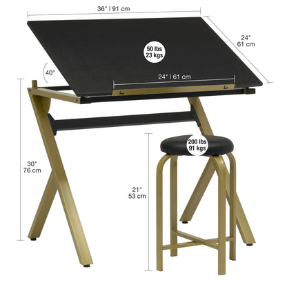 SD STUDIO DESIGNS Stellar 36" Wide Craft/Drawing Table with Adjustable Top and Padded Stool Set, Gold/Black - WoodArtSupply