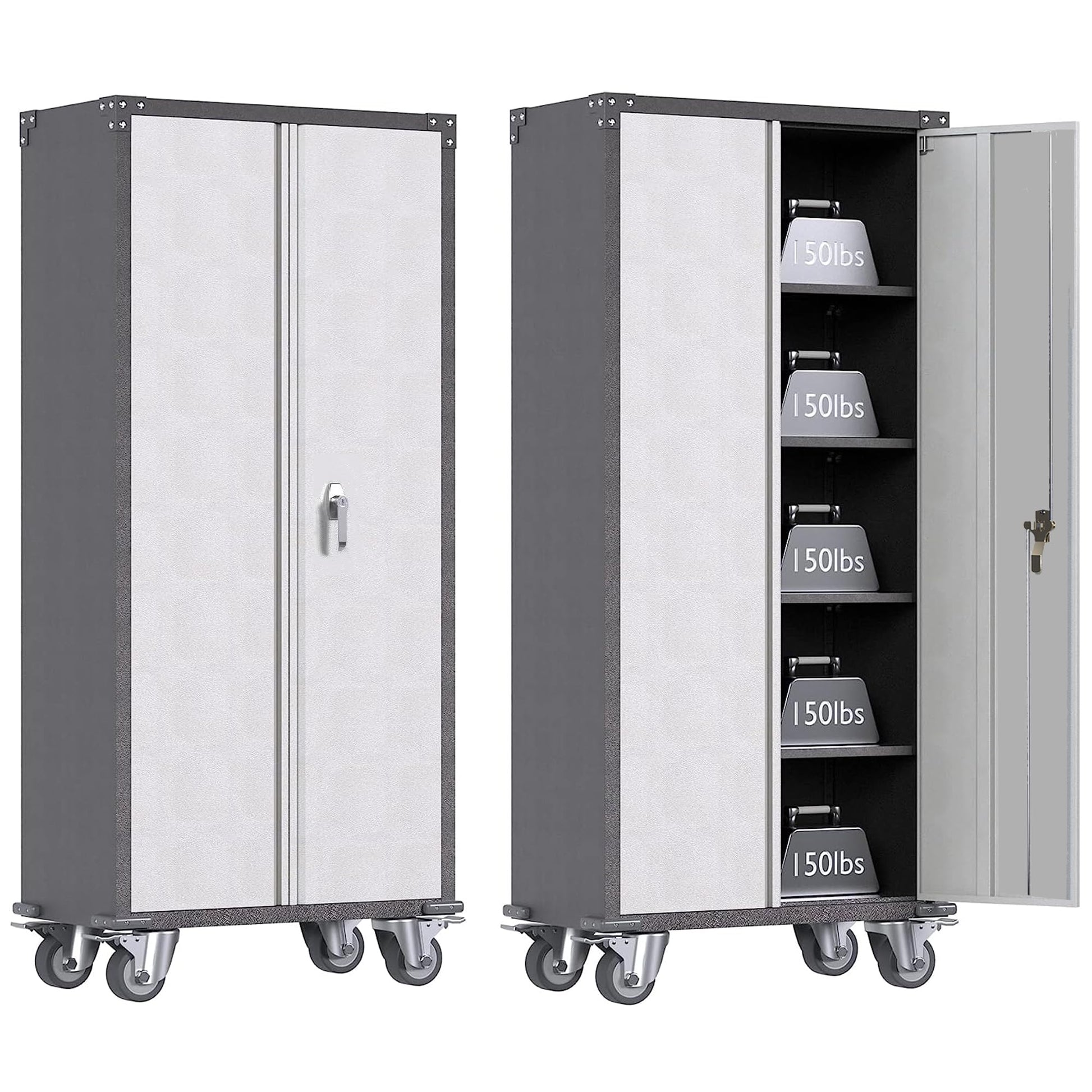 SUXXAN Metal Storage Cabinet with Wheels, Rolling Garage Storage Cabinets with 4 Adjustable Shelves, Broom Closet Storage Cabinet & Locking Cabinet - WoodArtSupply