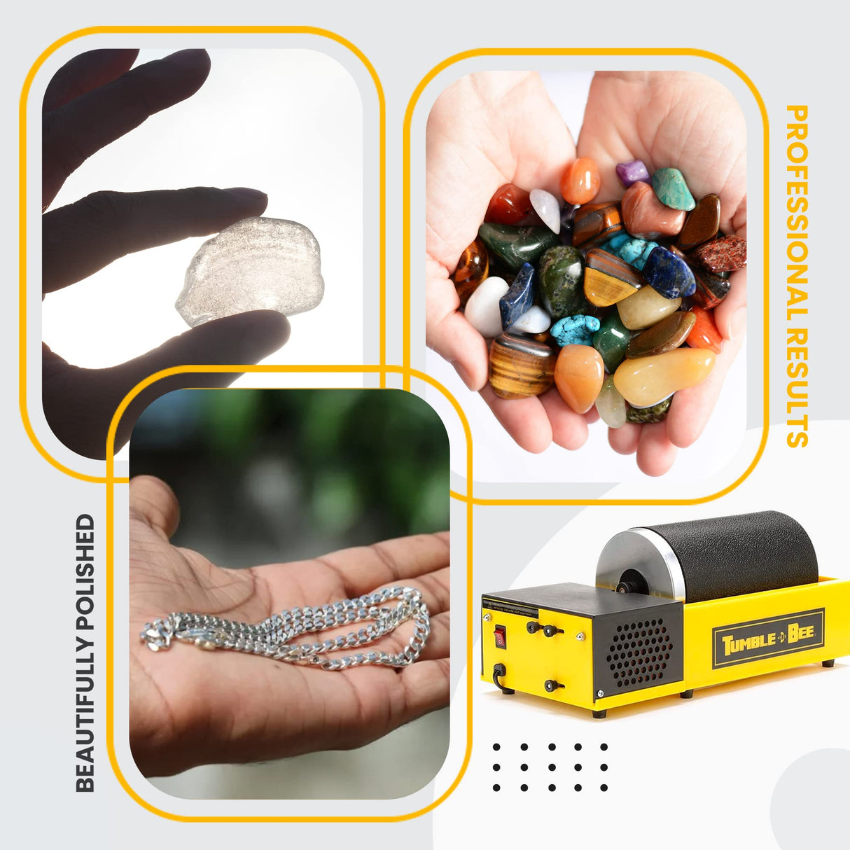 Tumble-Bee Rotary Rock Tumbler with Rock Grit Polish Kit - Rock Polisher Machine, Tumbling Equipment for Stone, Glass, and Metal Collection, Tumble-Bee