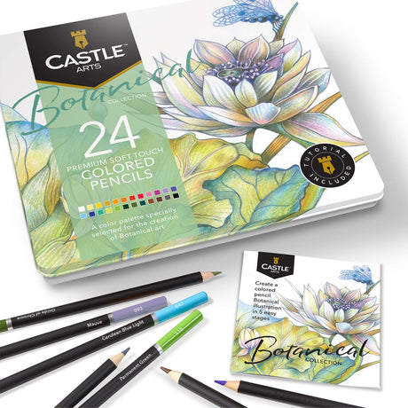 Castle Arts Themed 24 Colored Pencil Set in Tin Box, perfect colors for ‘Botanical’ Art. Featuring quality, smooth colored cores, superior blending & Castle Art Supplies