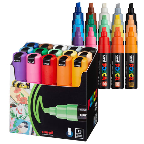 15 Posca Paint Markers, 8K Broad Posca Markers with Broad Chisel Tips, Set of Acrylic Paint Pens for Art Supplies, Fabric Paint, Fabric Markers, Mitsubishi Pencil Co., Ltd.