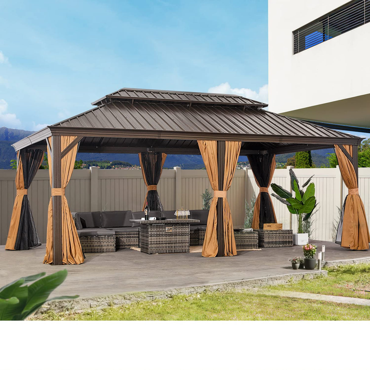 oneinmil 12x20FT Outdoor Gazebo, Heavy Duty Metal Double Roof Hardtop Gazebo with Aluminum Frame and Netting and Curtains for Patios oneinmil