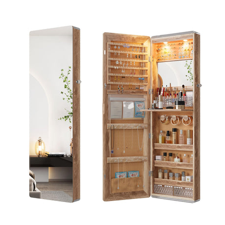 HNEBC LED Mirror Jewelry Cabinet,47.2" Wall Mounted Jewelry Organizer with Full-Length Mirror,Over The Door Hanging Jewelry Armoire Storage HNEBC