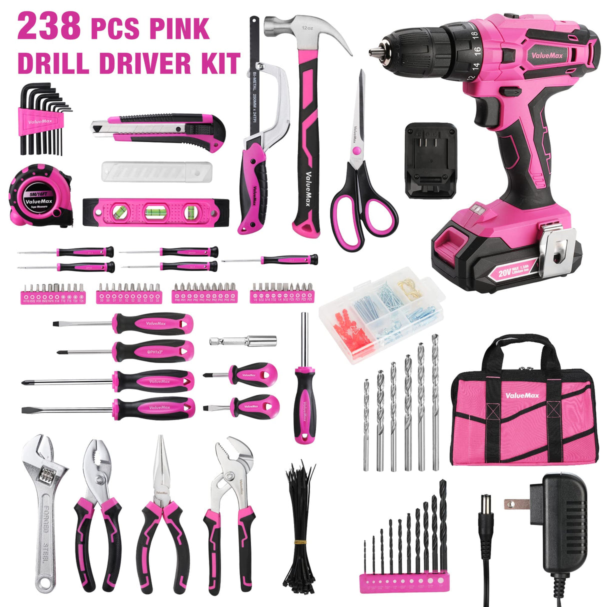 ValueMax Home Tool Kit with Drill, 238-Pieces Pink Tool Set with 20V Cordless Lithium-ion Drill, Power Tool Set with Wide Mouth Open Storage Bag, ValueMax