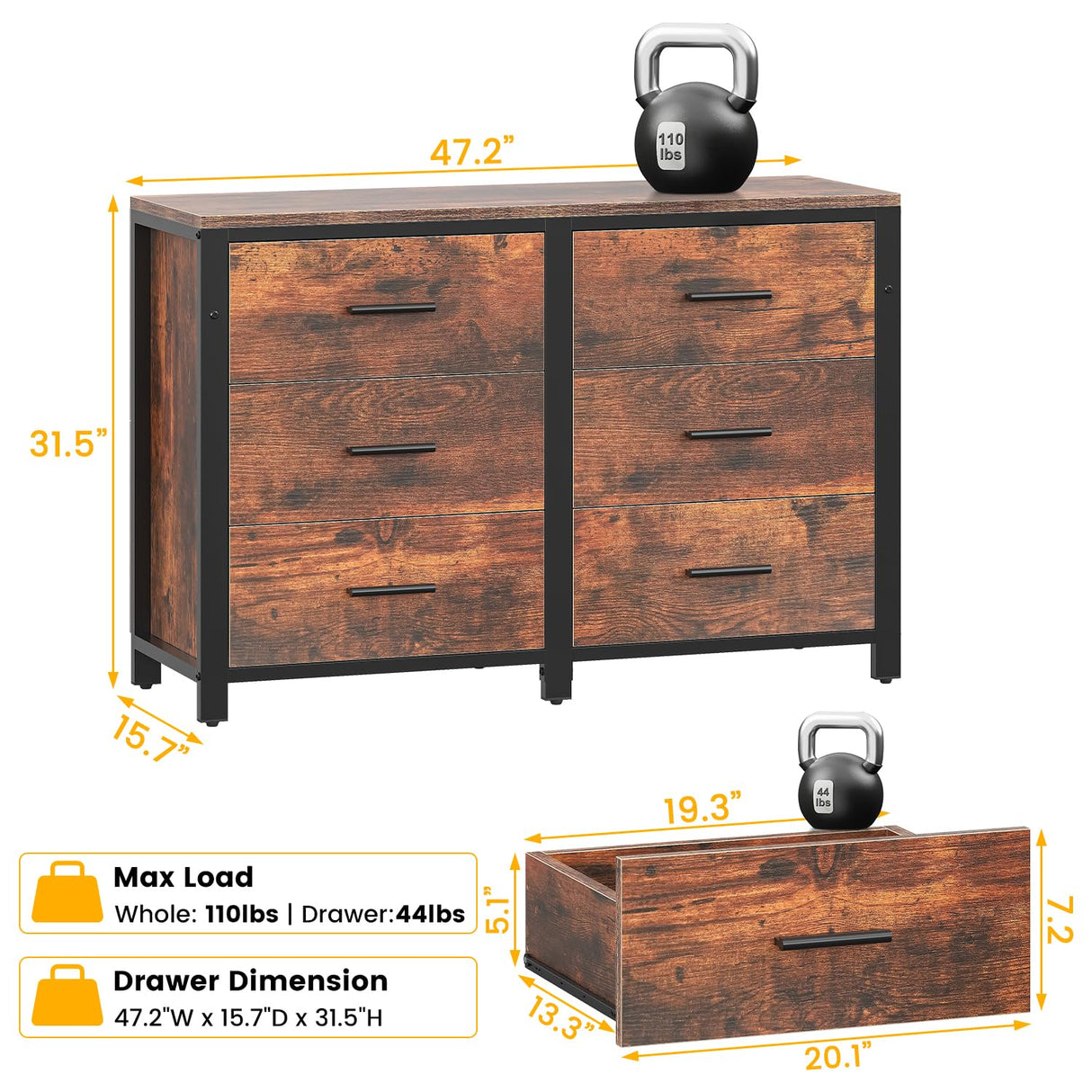 Frmobepts 6 Drawer Dresser, Wooden Dresser for Bedroom, 47" Metal Frame, Black Dresser, Natural Wooden Dresser Furniture, Storage Cabinet for Dining Frmobepts