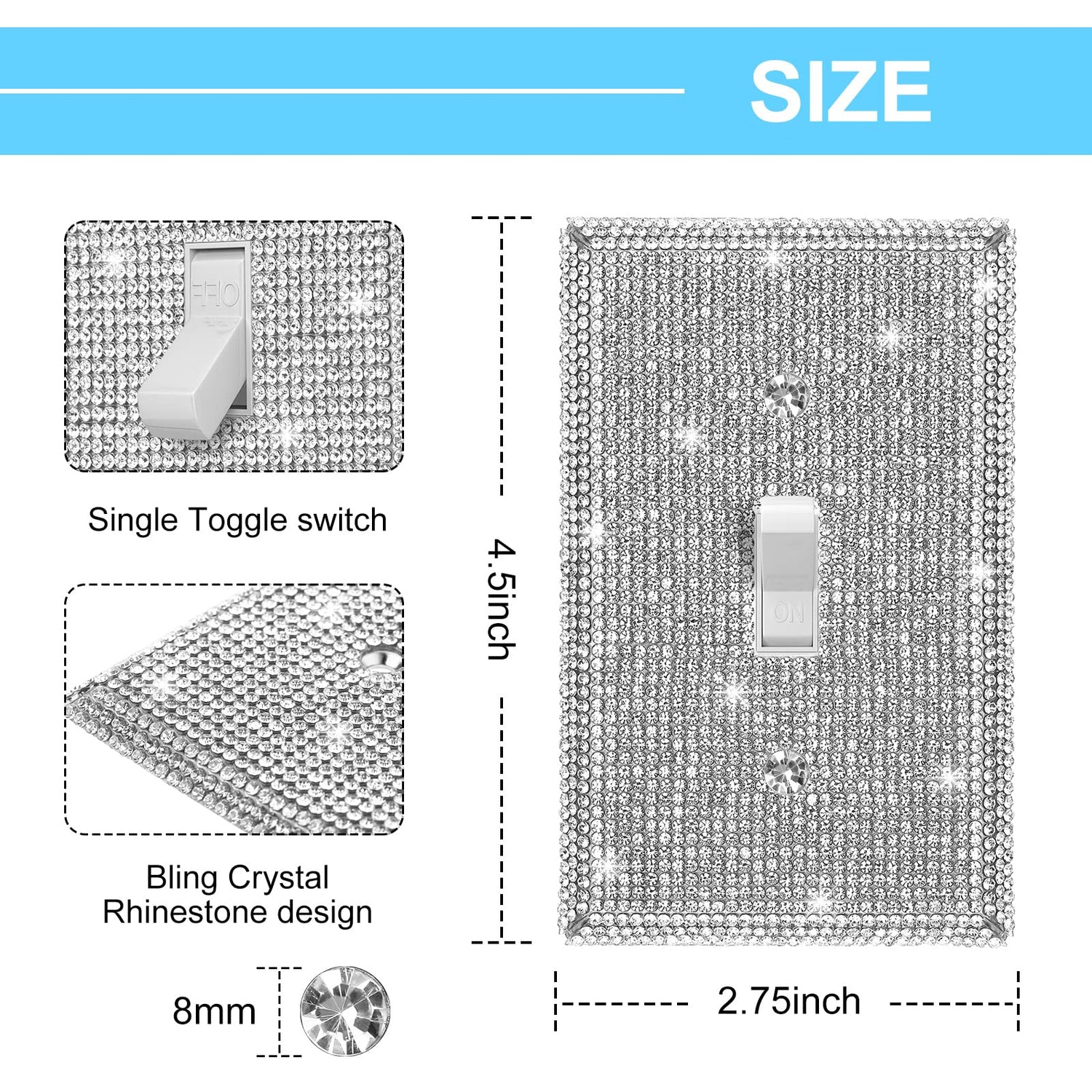 2 Pcs Bling Outlet Covers Rhinestone Light Switch Cover Metal Wall Plate Stainless Steel Outlet Standard Size 4.5 x 2.75 Inch for Switch Receptacle Jutom