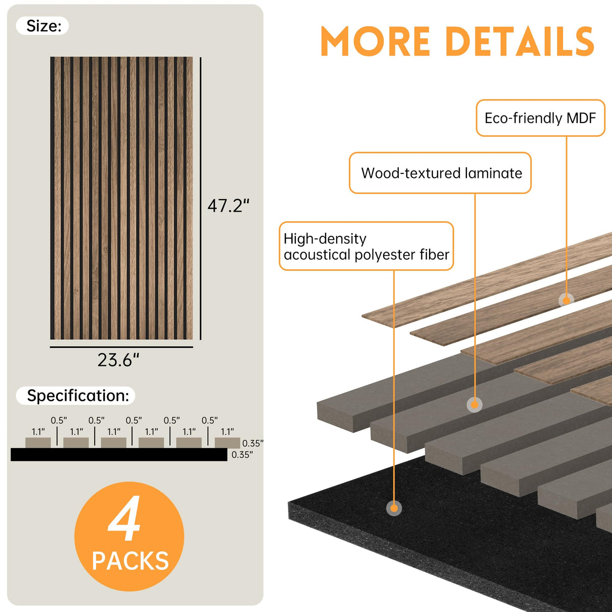 RITOLLO Wood Slat Wall Panel | 4 Pcs Soundproof Wall Panels 48" x 24.5" Wood Wall Panels 3D Sound Dampening Panels Wall Decoration - Walnut RITOLLO