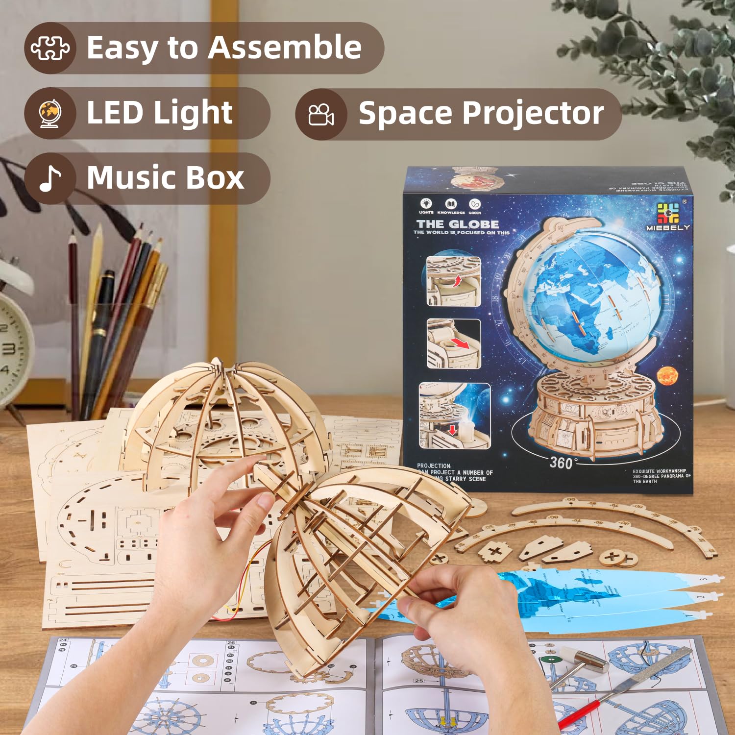 MIEBELY 3D Wooden Puzzles for Adults Bundle Set - Marble Run Model Building Kits & Illuminous Music Box Globe, Unique Gift Hobby for Boys Girls MIEBELY