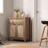 SICOTAS Sideboard Buffet Cabinet Set of 2, Rattan Credenza Storage Cabinet, Boho Buffet Table Console Cabinet with Drawer, Farmhouse Coffee Bar SICOTAS