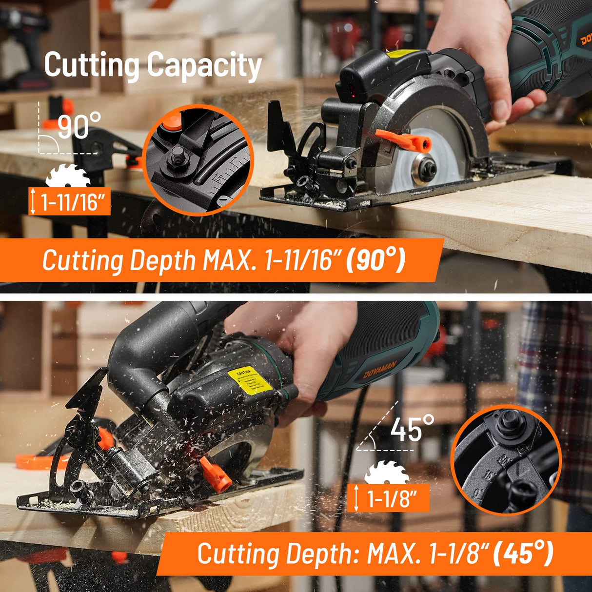 DOVAMAN Circular Saw, 5.8A 4-1/2" Circular Saw w/Laser, Metal Auxiliary Handle, 6 Saw Blades (4½", 4¾"), Cutting Depth 1-11/16" (90°), 1-3/8" (45°), DOVAMAN