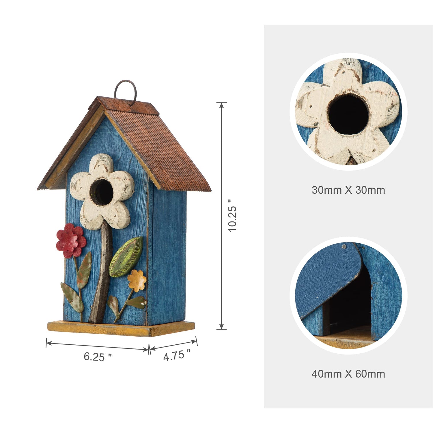 glitzhome GH90097 Distressed Decorative Solid Wood Birdhouse, 10.25 Inch Tall, Blue glitzhome