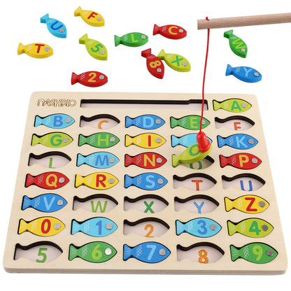 Magnetic Wooden Fishing Game Toy for Toddlers, Alphabet Fish Catching Counting Games Puzzle with Numbers and Letters, Preschool Learning ABC Math