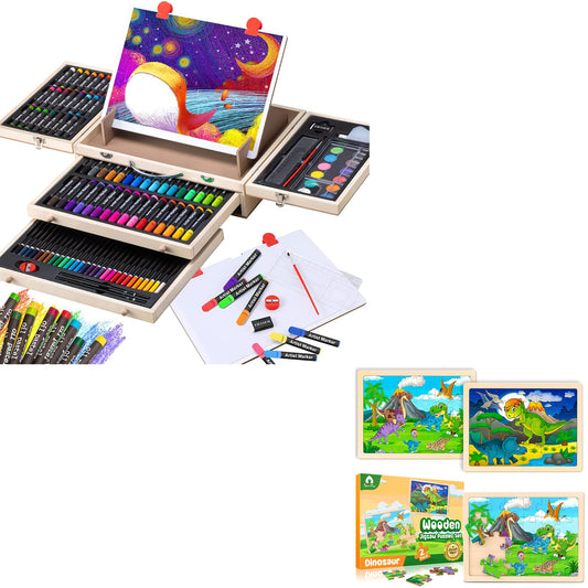 137 Piece Art Set & 2 Pack Wooden Dinosaur Puzzles for Kids - WoodArtSupply