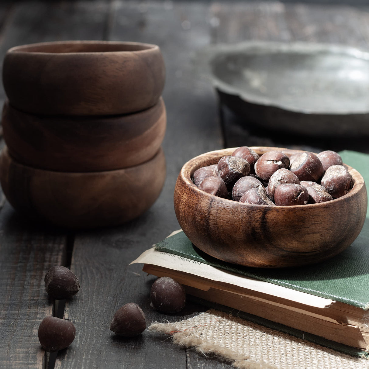 cintika Set of 4 Round Wooden Bowl Set. 4 inch Handmade Calabash Bowl, Small Wooden Bowl Set, Nuts and Small Snacks Serving Bowls, Sauce Bowl, cintika