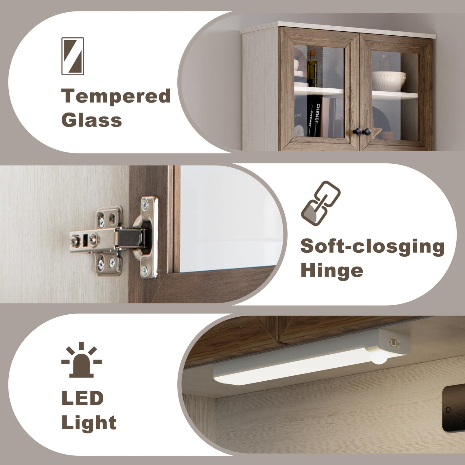 Kitchen Pantry Cabinet, Farmhouse Sideboard Buffet Cabinet with Charging Station and LED Light, Freestanding Kitchen Hutch Storage Cabinet with NEWOWNDS