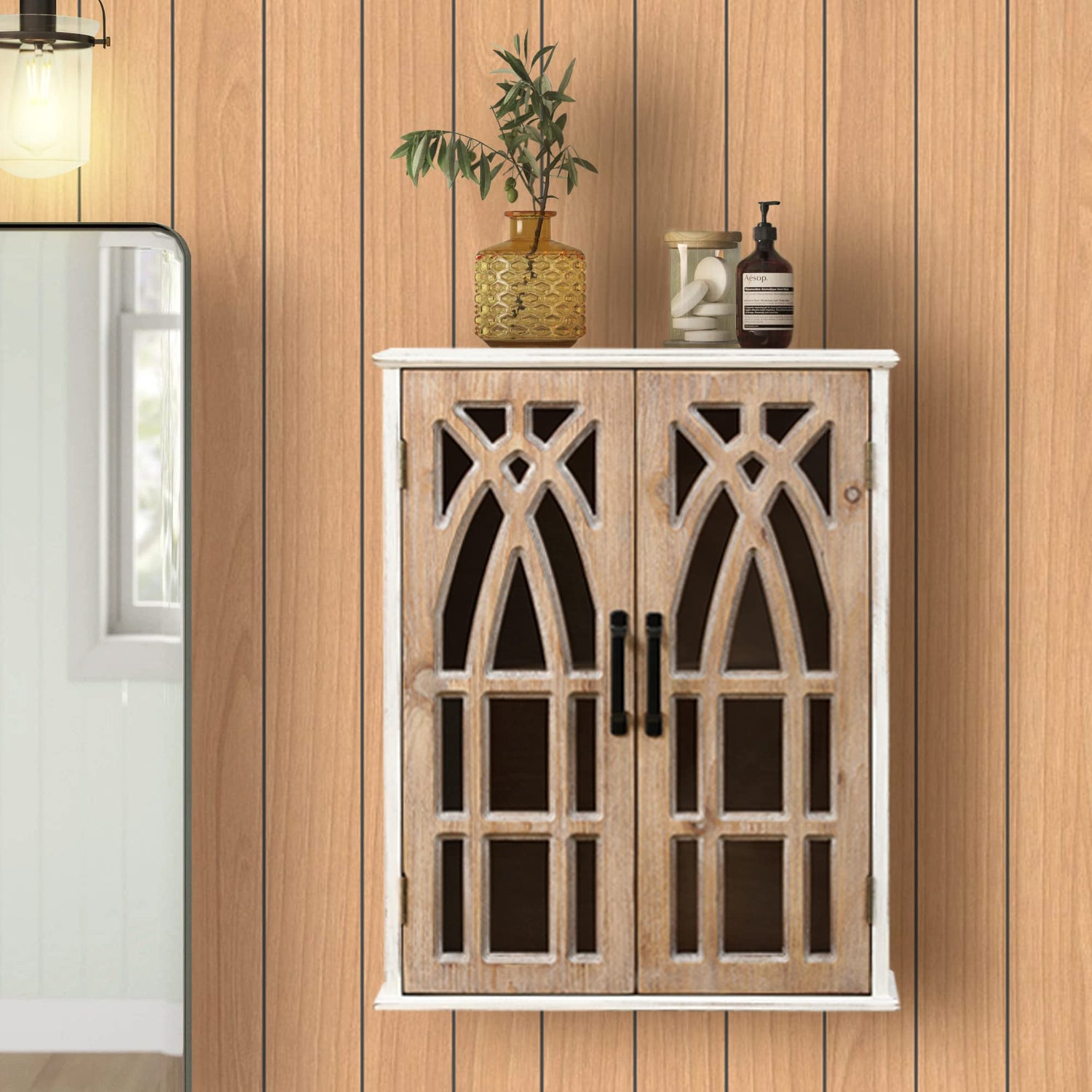 LuxenHome Double Door Wood Mounted Wall Cabinet, Farmhouse Wood Wall Storage, Kitchen Wall Cabinet with Shelves Inside, 20 Inch, Disdressed White LuxenHöme