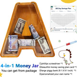 Custom Wooden Piggy Bank, (Laser Engraved Name) Large Wood Bank, 4-in-1 Creative Alphabet Storage Tank Personalized Letters Coin Bank Customized Wood Sulevalt