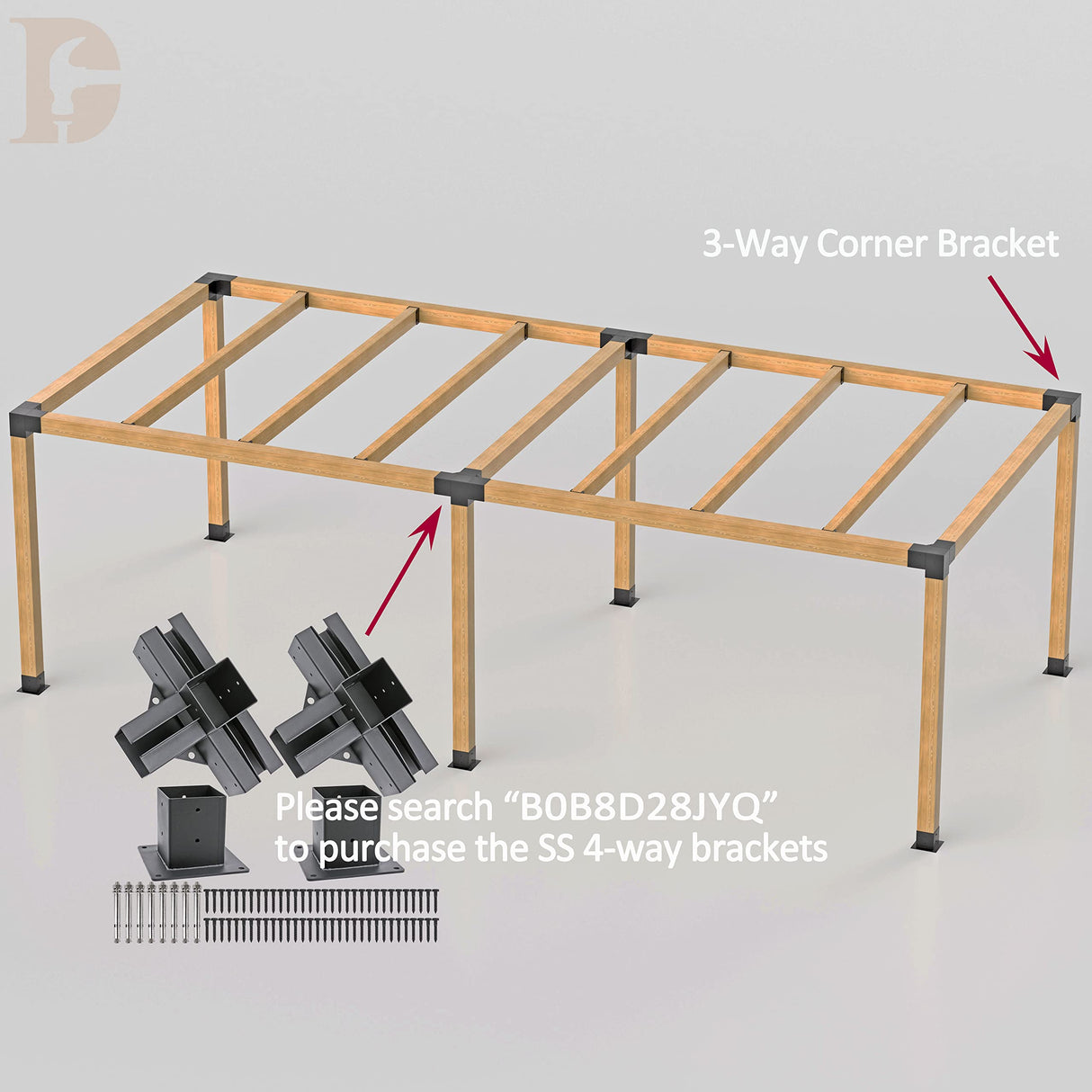 Deck Man 4x4(Actual Size: 3.5x3.5inch) Stainless Steel 3-Way Right Corner pergola Bracket with 4 Flange Anchors，Pergola/Gazebo kit (4 Pack) Deck Man