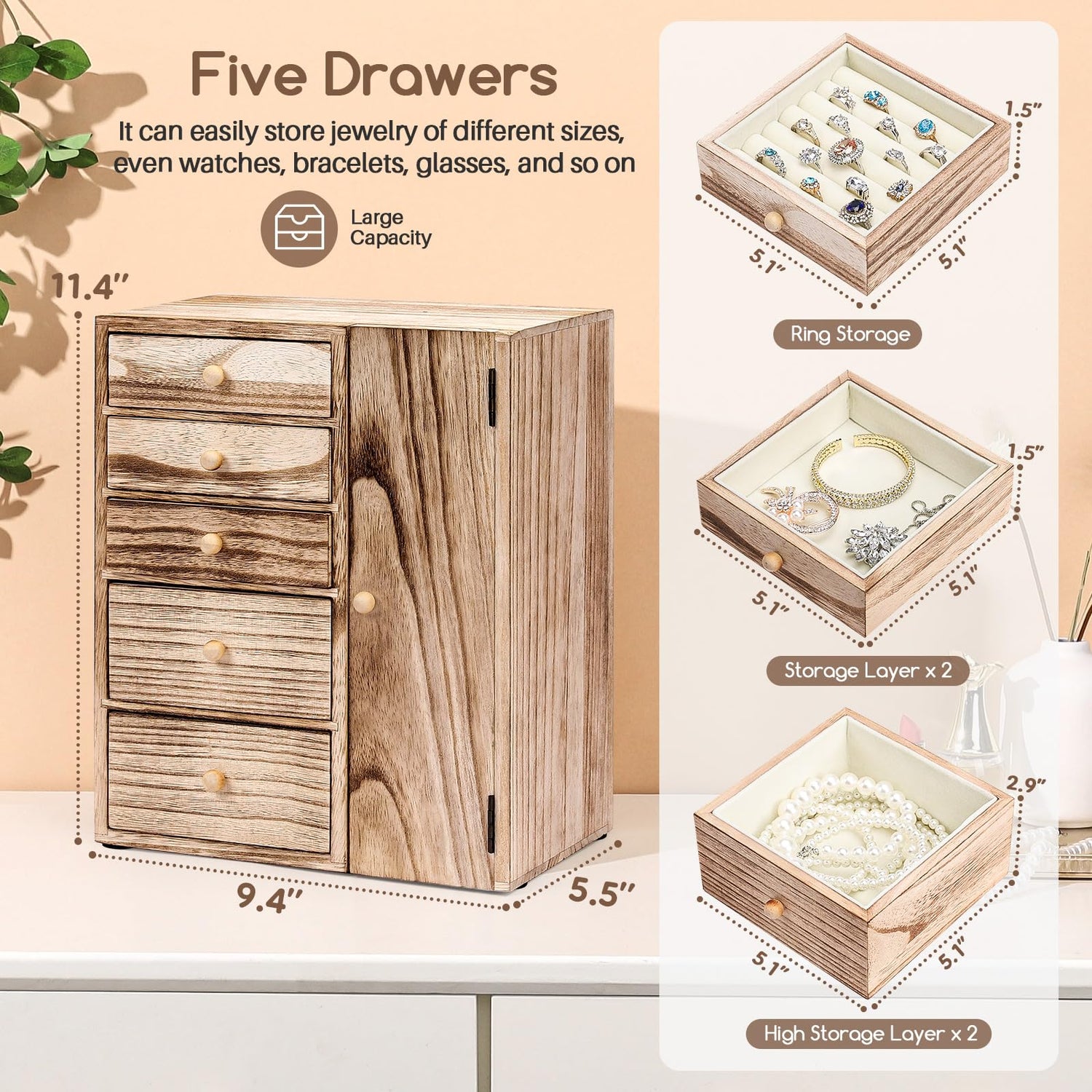 Homde Wood Jewelry Organizer 5 Layer Jewelry Box for Rings, Necklaces, Earrings, Bracelets, Watches Rustic Jewelry Boxes & Organizers for Women Homde
