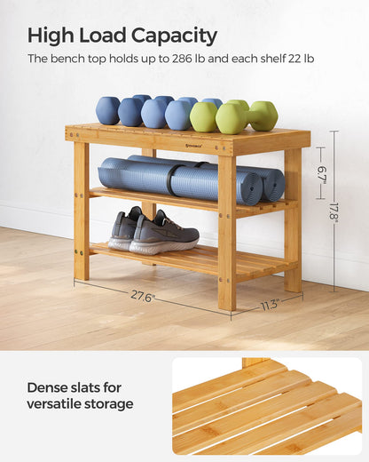 SONGMICS Shoe Rack Bench, 3-Tier Bamboo Shoe Storage Organizer, 11.3 x 27.6 x 17.8 Inches, Natural ULBS04N
