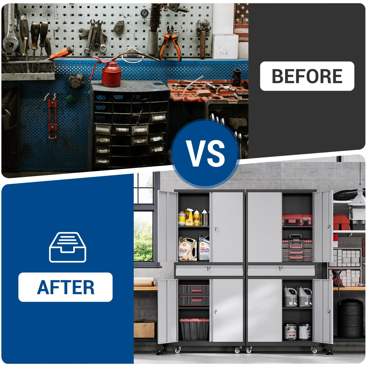 Fesbos 73" Metal Cabinet-Black&Gray Heavy Duty Rolling Storage Cabinet Steel Tool Cabinets with Wheels, Shelves, Lockable Doors and Drawers- for Fesbos