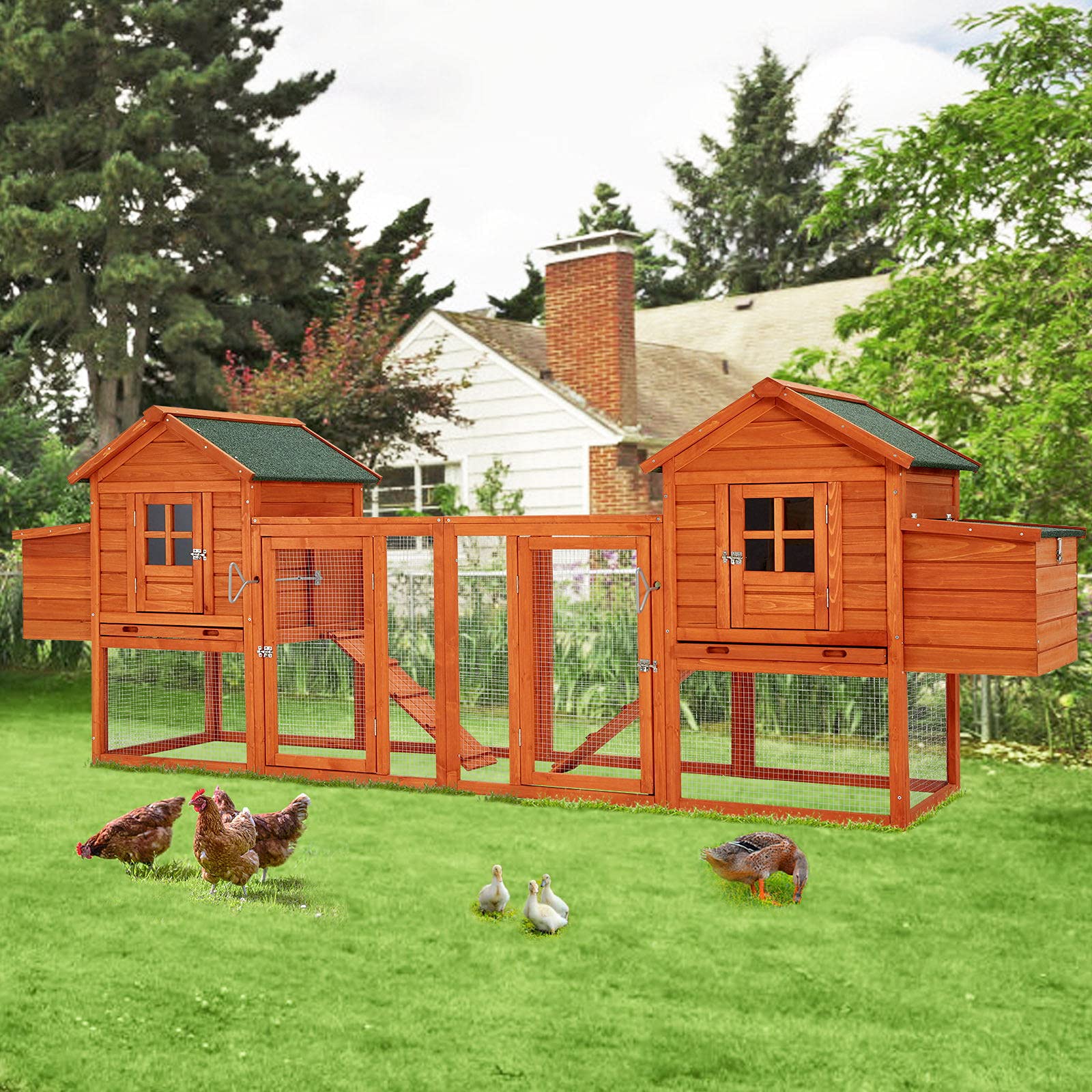 Esright 144” Large Wooden Chicken Coop, Outdoor Hens House with Ramps and Nesting Boxes - WoodArtSupply