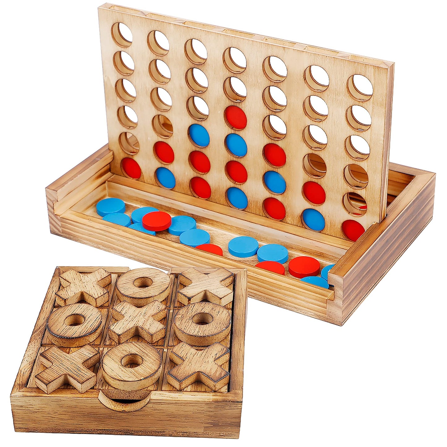 Glintoper Tic Tac Toe & 4 in a Row Table Games Set - Rustic Decor Wood Strategy Board Games for Families - WoodArtSupply