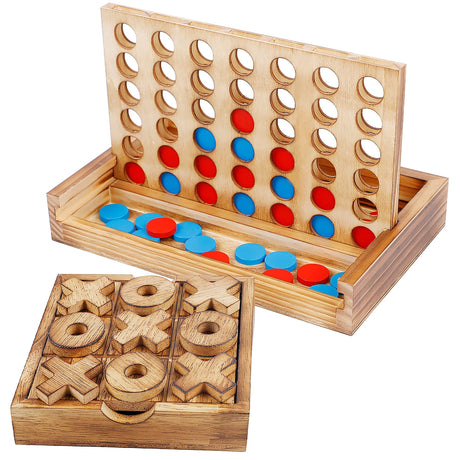 Glintoper Tic Tac Toe & 4 in a Row Table Games Set - Rustic Decor Wood Strategy Board Games for Families Glintoper