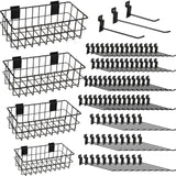 Yaocom 94 Pcs Slatwall Accessory 4 Metal Slatwall Baskets 90 Slatwall Hooks 4'' 6'' 8'' Slat Wall Hooks Hanging Storage Baskets for Shops Rooms Yaocom
