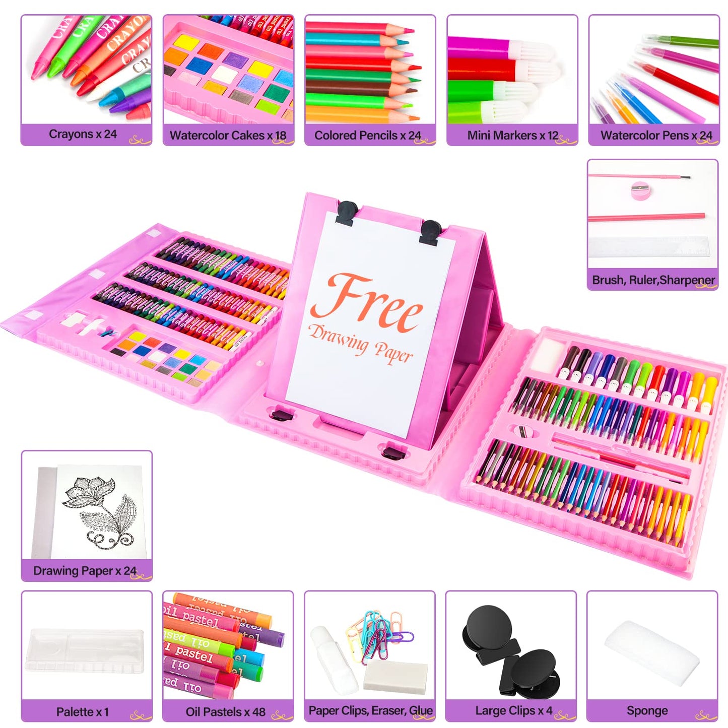 241 PCS Art Supplies, Drawing Art Kit for Girls Boys Teens, Artist Beginners Craft Set with Trifold Easel, Sketch Pad, Coloring Book, Pastels,