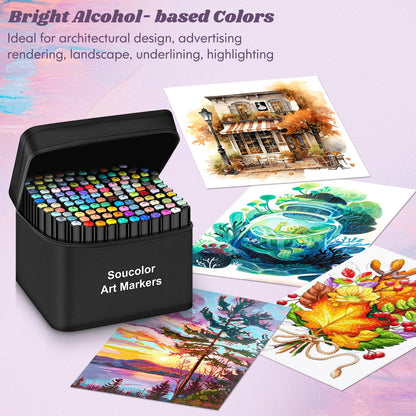 Soucolor Alcohol Markers, 131 Dual Tip Permanent Artist Art Markers for Adult Coloring, Sketching and Illustrations, with Case for Easy Storage,