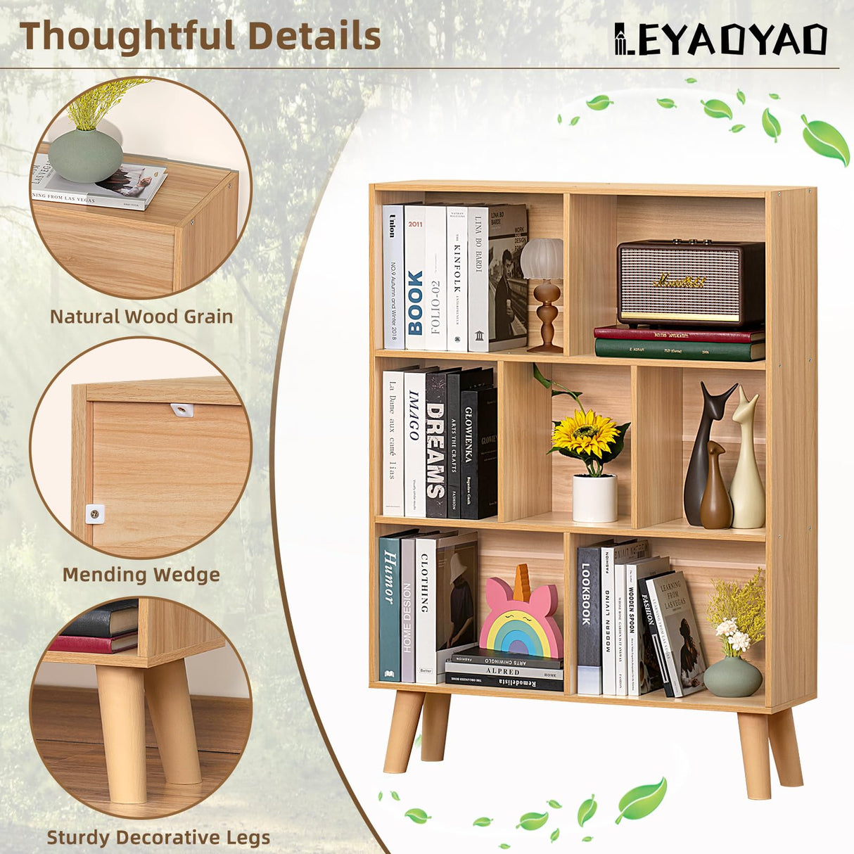 Natural 3-Tier LEYAOYAO Wooden 7 Cube Book Shelf - Modern Boho Display Organizer LEYAOYAO