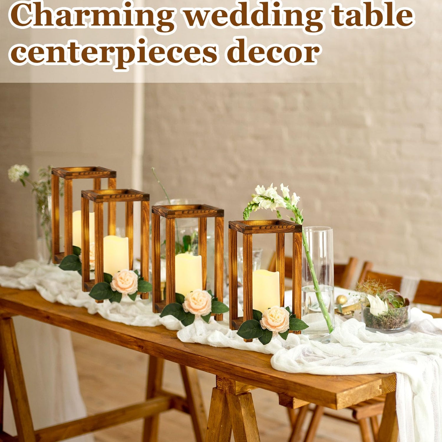 Huquary 16 Pcs Wooden Candle Lantern Set Includes 8 Rustic Wedding Centerpieces for Table Farmhouse Wooden Candle Holder and 8 Flameless Decorative Huquary