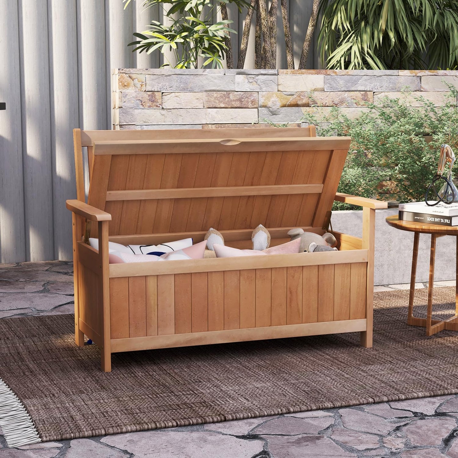 Tangkula 48 Inch Hardwood Patio Storage Loveseat with Versatile Flip Top Design Tangkula