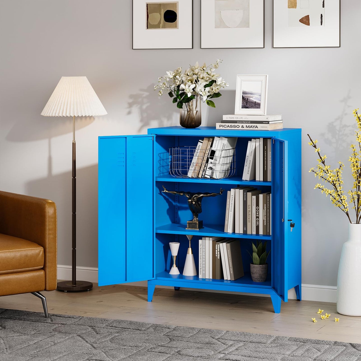 MIIIKO Metal Accent Storage Cabinet with 2 Locking Doors, Blue Locker Storage Cabinets with 2 Adjustable Shelves, Sideboard Buffet Cabinet for - WoodArtSupply